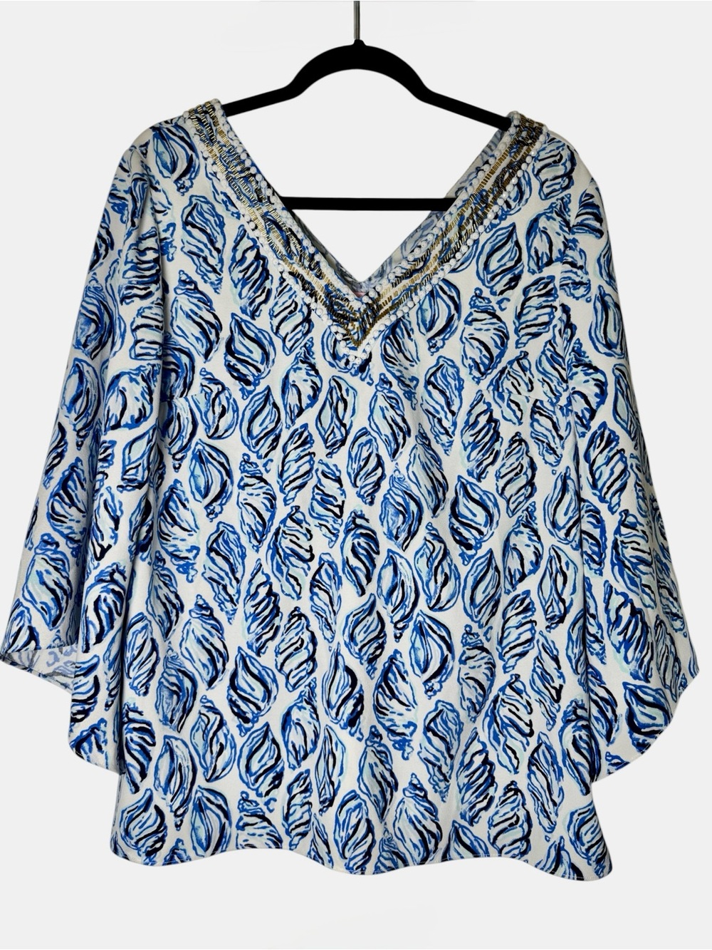 Lilly Pulitzer Blue Shell Print Beaded Bell Sleeve Top Size 8